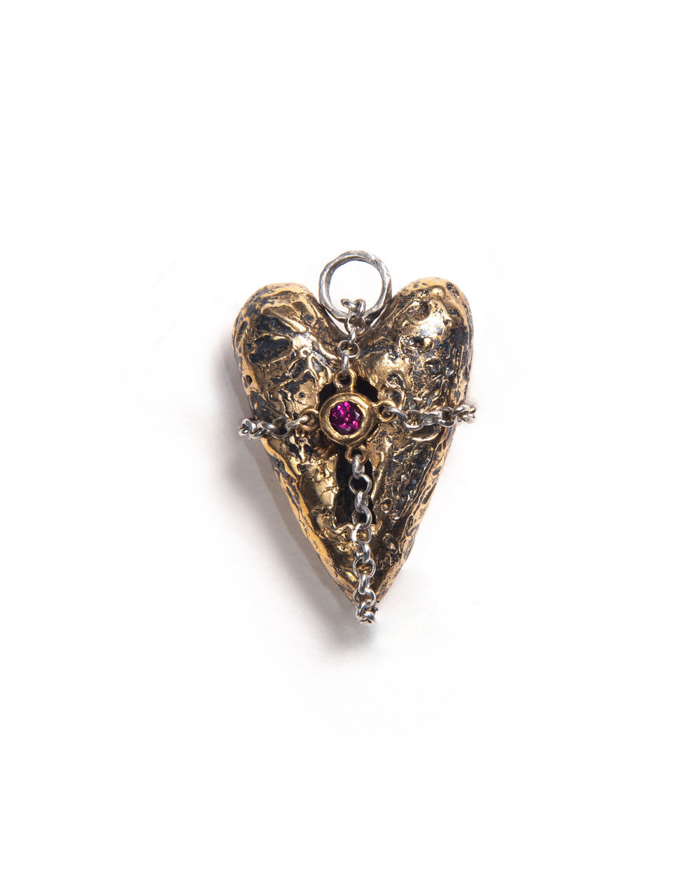 3D bronze heart-shaped amulet with textured finish, featuring a locket-style opening, wrapped in a silver chain forming a cross pattern with a central gemstone. It featured a gothic inspired design with intricate details and mixed metal.