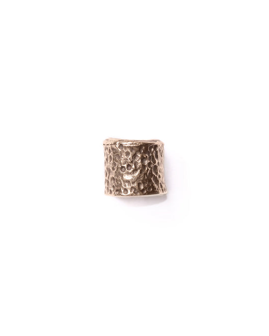 Front view pack shot of a minimalist bronze hoop earring with hammered detailing, displaying its textured surface