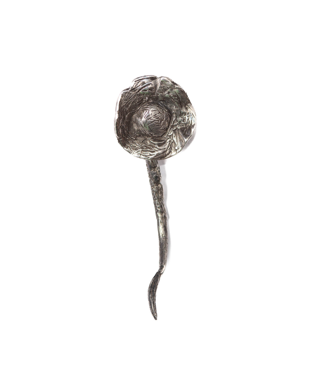 Silver mushroom-shaped earring with an earthy, textured finish, showcasing intricate surface details and a natural, organic appearance.