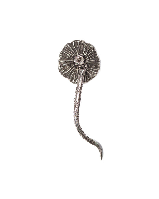 Back view of the silver ear piece, revealing intricate hidden details and craftsmanship on the inner side, including fine textures and subtle design elements that showcase the craftsmanship.