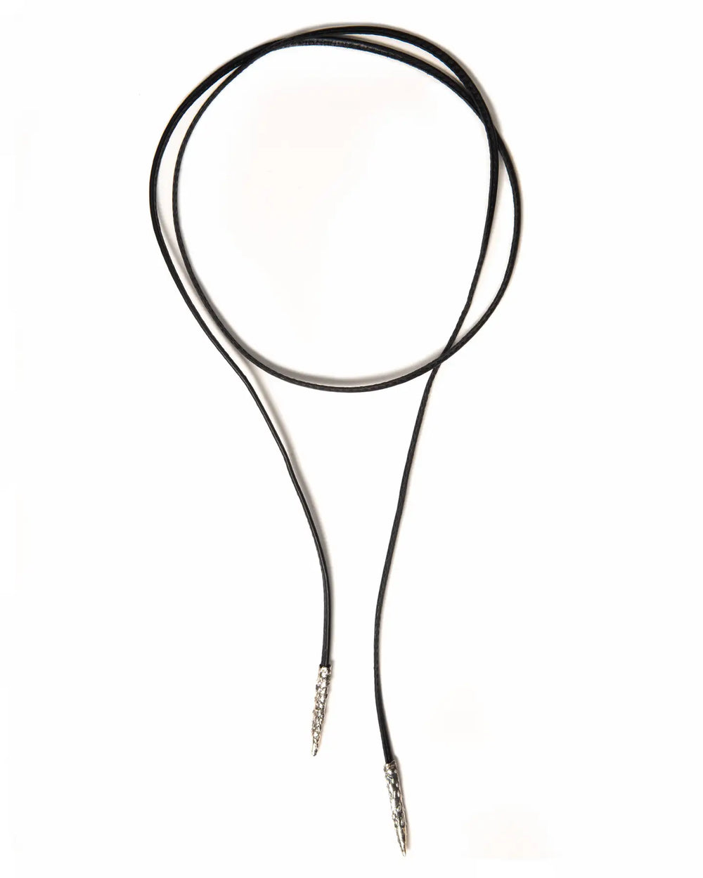 Elegant black leather ribbon with silver metal tips, versatile for styling around the neck, waist, or as a hair accessory. It can be customized with one of our charms for a personalized touch.