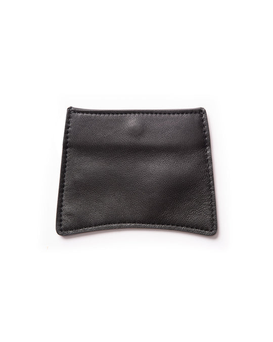 Back side of the minimalistic black upcycled leather card wallet made in a smooth leather, highlighting clean and simple design