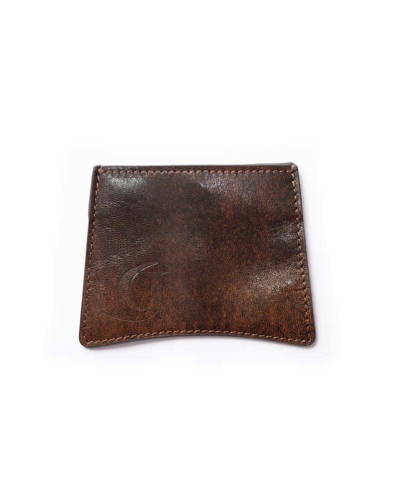Minimalistic card wallet made from shiny, textured upcycled leather with brown and black hints, stamped with a logo, showcasing sleek and sustainable craftsmanship