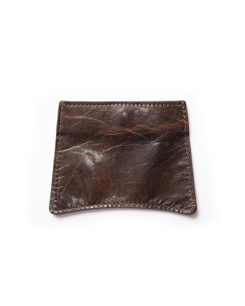 Back side of the shiny, textured upcycled leather card wallet with brown and black hints, highlighting clean and simple design