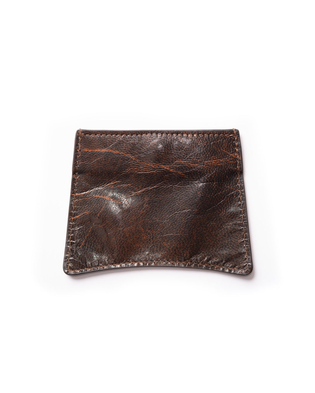 Back side of the shiny, textured upcycled leather card wallet with brown and black hints, highlighting clean and simple design