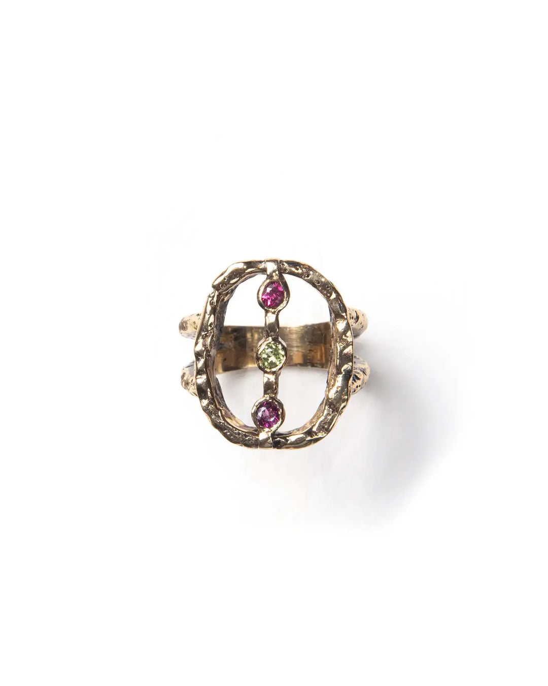 A bronze ring with a textured finish and adorned with natural stones