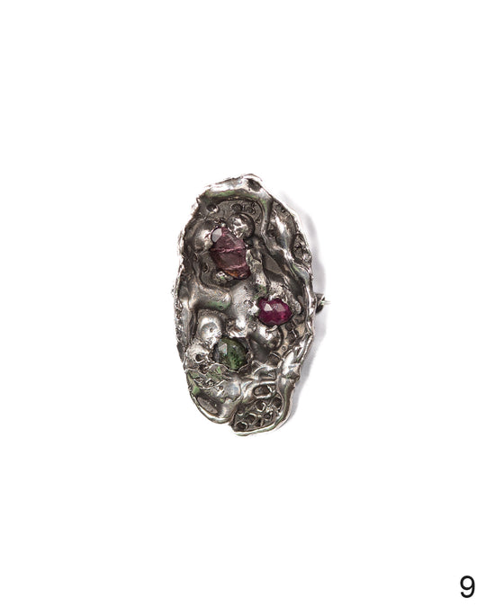 Artistic silver charm with textured design and rare watermelon tourmalines, truly one of a kind