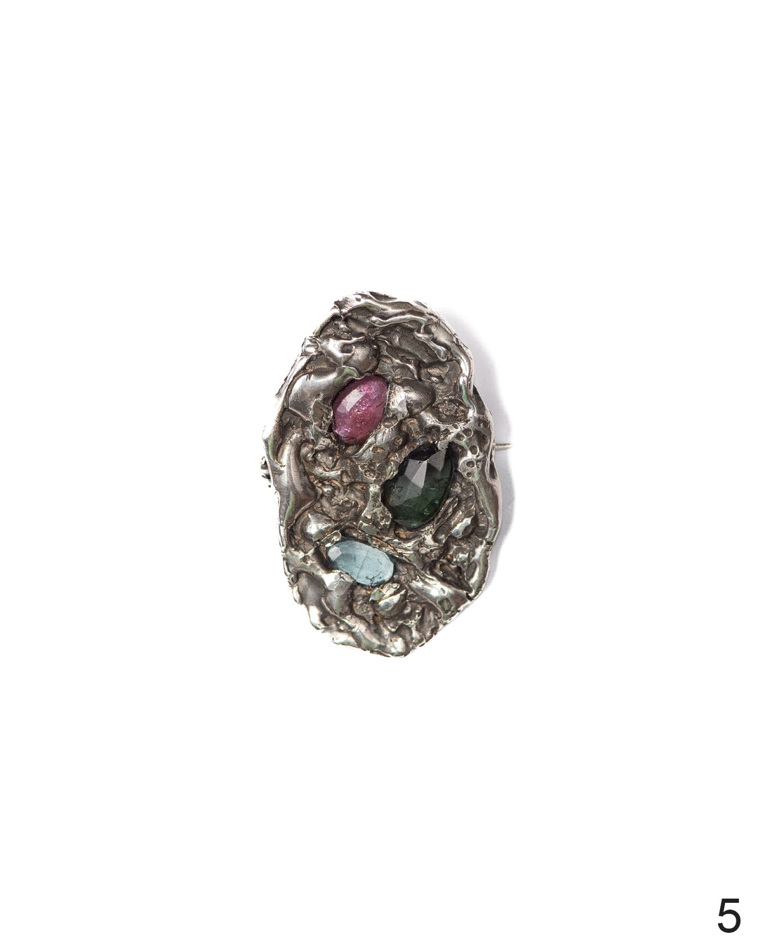 One-of-a-kind silver brooch with textured finish and vibrant watermelon tourmaline stones