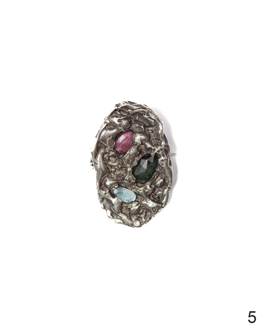 One-of-a-kind silver brooch with textured finish and vibrant watermelon tourmaline stones