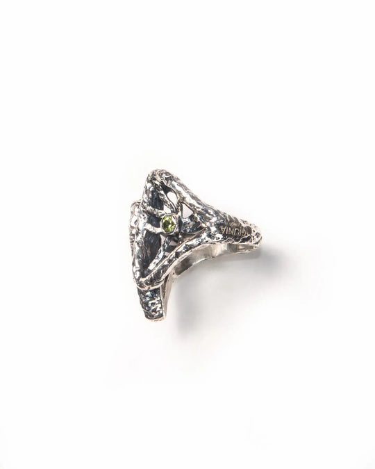 side view of the silver ring with lime coloured natural stone